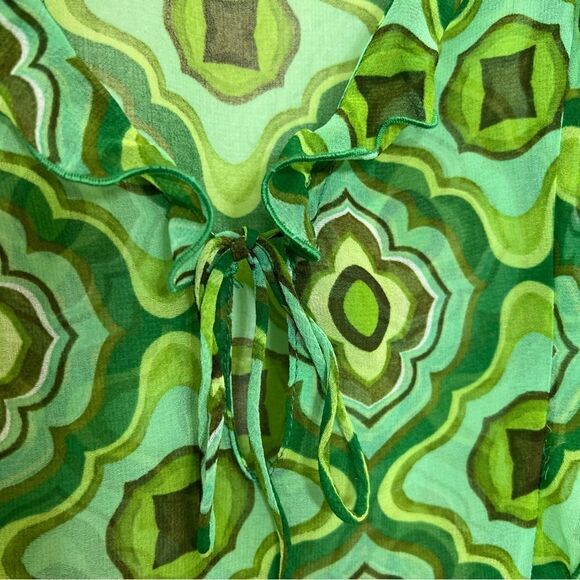 Zara Sheer Green Printed Geo 70’s Retro Hippiecore Bell Sleeve Top New Size S - Picture 6 of 14